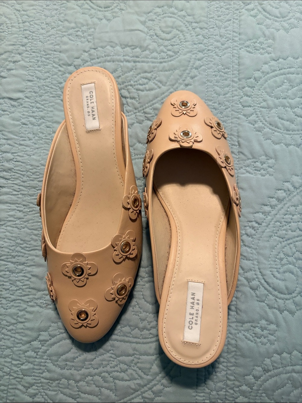 Cole Haan Beige Floral Appliqué Slip-On Mules
